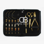 Professional Gold Plasma Hair Extension Tool Kit featuring gold extension pliers, precision scissors, threading loop tool, sectioning clips, and salon-grade accessories in a premium black carrying case.