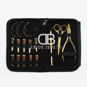Professional Gold Plasma Hair Extension Tool Kit featuring gold extension pliers, precision scissors, threading loop tool, sectioning clips, and salon-grade accessories in a premium black carrying case.
