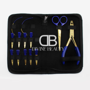 Professional gold plasma hair extension tool kit with blue grip pliers, precision scissors, threading loop tools, sectioning clips, and salon accessories stored in a premium black carrying case.