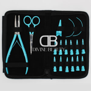 Professional Tiffany Blue hair extension tool kit featuring extension pliers, precision scissors, sectioning clips, threading loop tools, and micro ring installation accessories in a premium black carrying case.