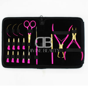 Divine Beauty Professional Two-Tone Cosmetic Pink Hair Extension Tool Kit featuring pink and gold extension pliers, precision scissors, threading loop tools, sectioning clips, and salon-grade accessories in a premium black carrying case.