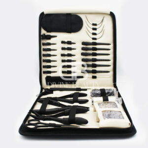 Professional black hair extension tool kit with pliers, loop needles, threading tools, clips, scissors, extension thread, and storage case for salon and personal use.