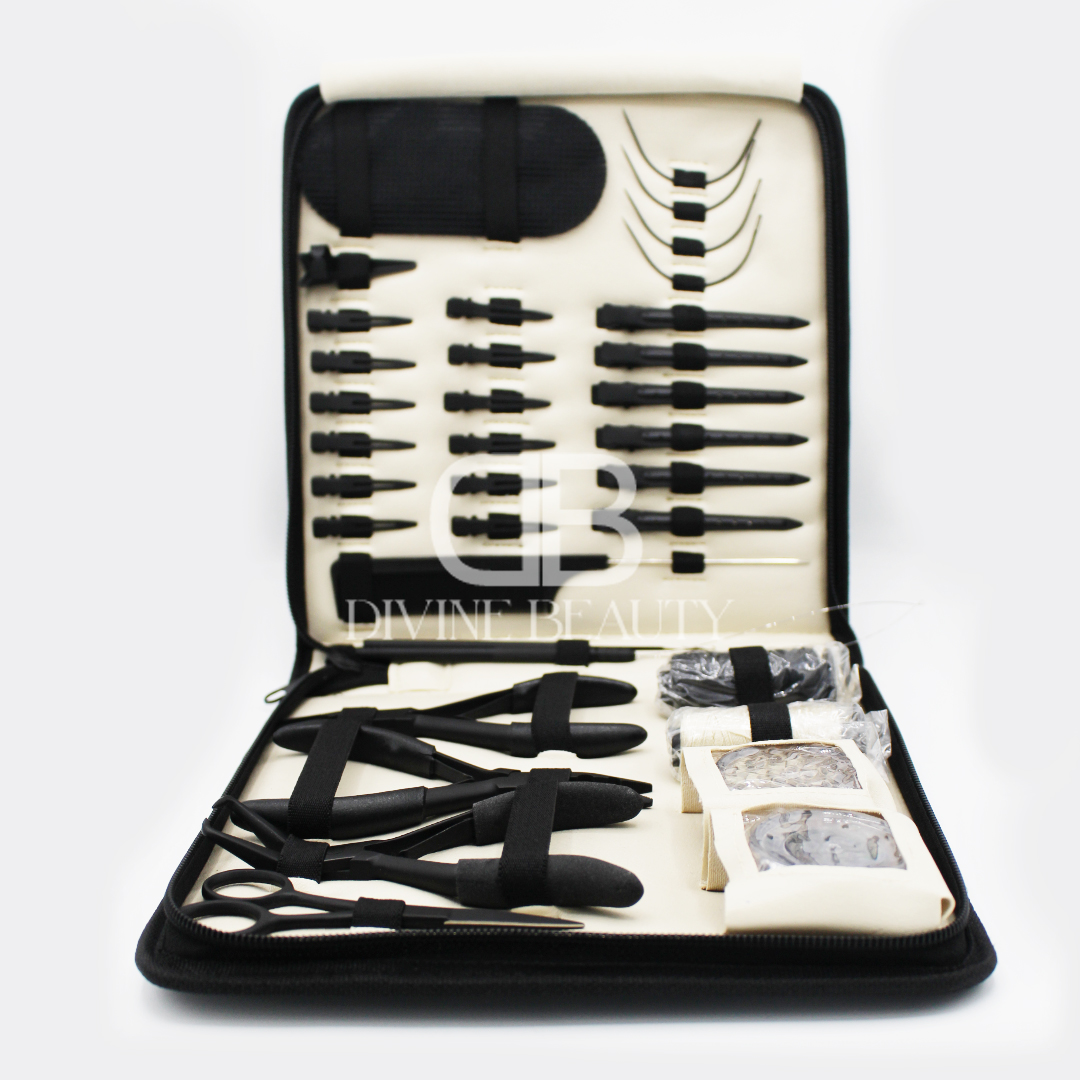 Professional black hair extension tool kit with pliers, loop needles, threading tools, clips, scissors, extension thread, and storage case for salon and personal use.