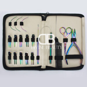 Professional rainbow titanium hair extension tool kit featuring extension pliers, scissors, threading loops, crochet hook, rat-tail comb, and salon installation accessories in a portable zippered case.